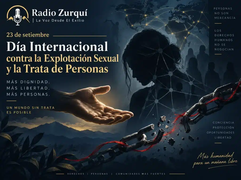 Ilustración sobre el Día Internacional contra la Explotación Sexual y la Trata de Personas con cadena rota y logo de Radio Zurquí