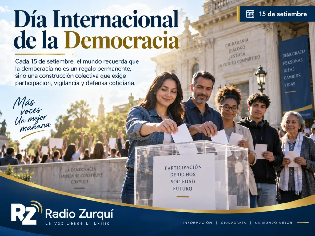 Ilustración del Día Internacional de la Democracia con ciudadanos participando en una votación y leyenda editorial de Radio Zurquí.