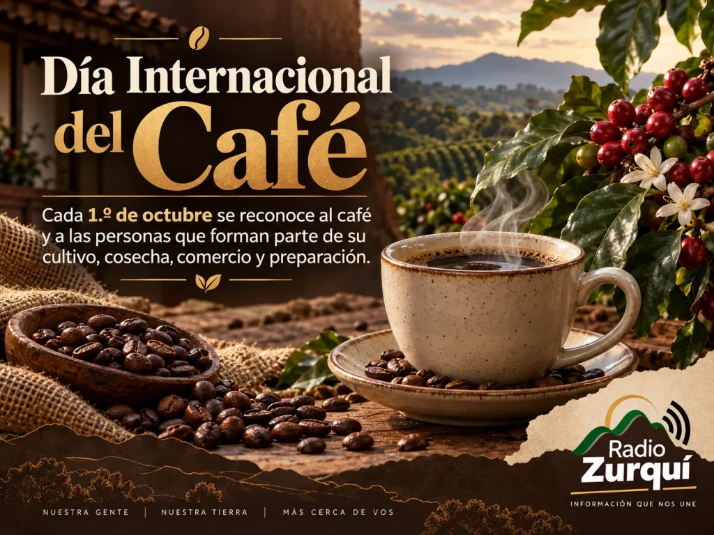Día Internacional del Café, celebrado cada 1 de octubre, con una taza de café, granos y cafetal.