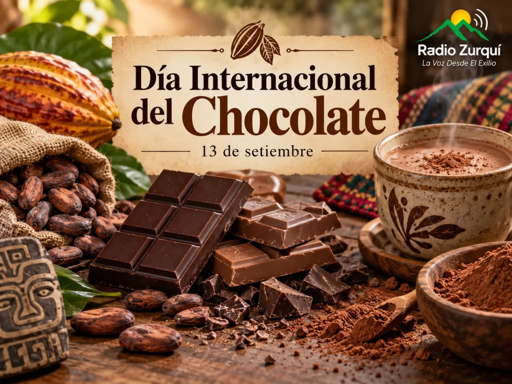 Día Internacional del Chocolate, celebrado cada 13 de setiembre, con cacao y chocolate.