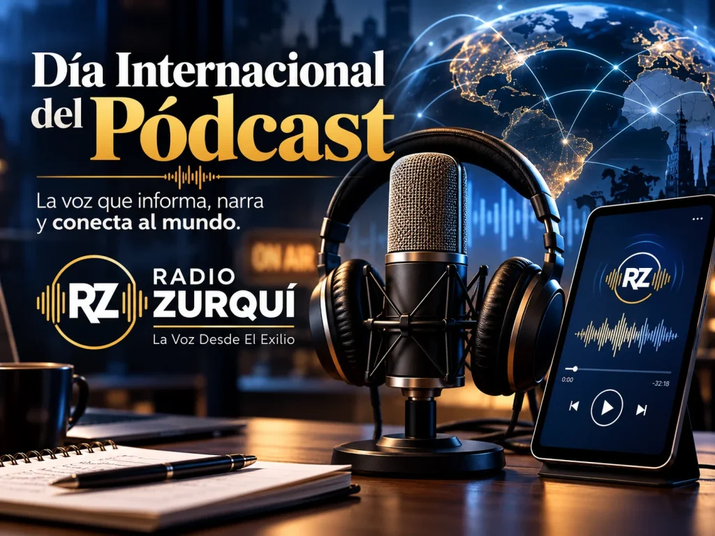 Día Internacional del Pódcast con micrófono, audífonos y mapa mundial, imagen de Radio Zurquí