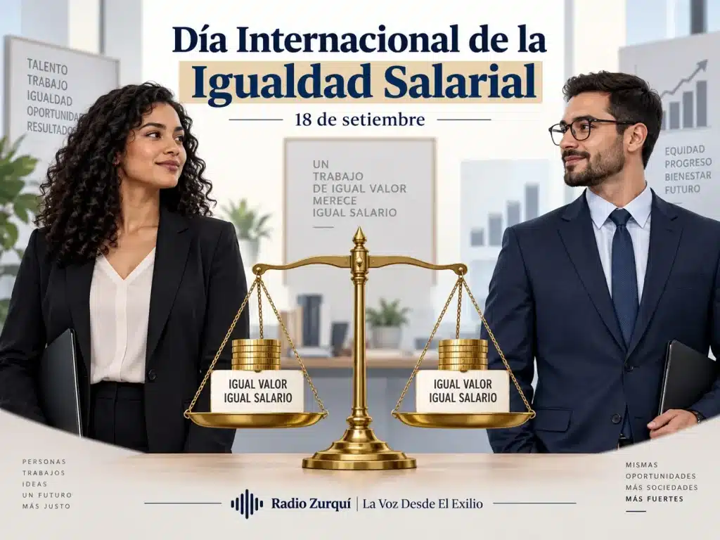 Día Internacional de la Igualdad Salarial con una mujer y un hombre frente a una balanza equilibrada que representa igual salario por trabajo de igual valor.