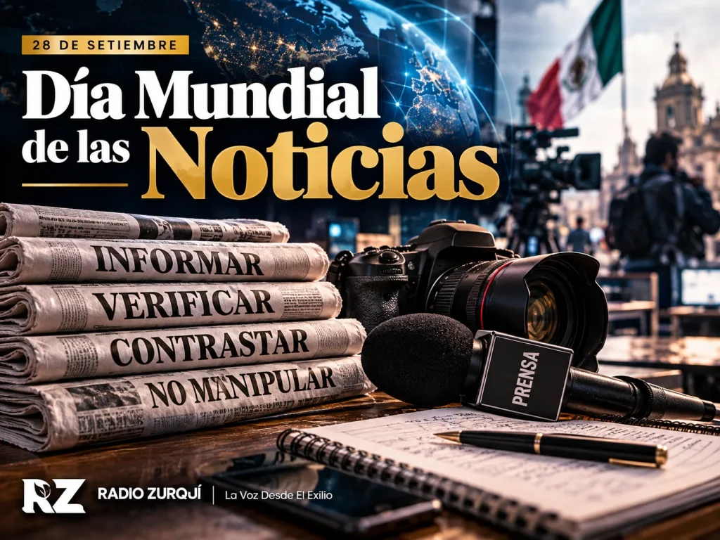 Imagen conmemorativa del Día Mundial de las Noticias, celebrado cada 28 de setiembre, con cámara, micrófono, periódicos y elementos del trabajo periodístico.