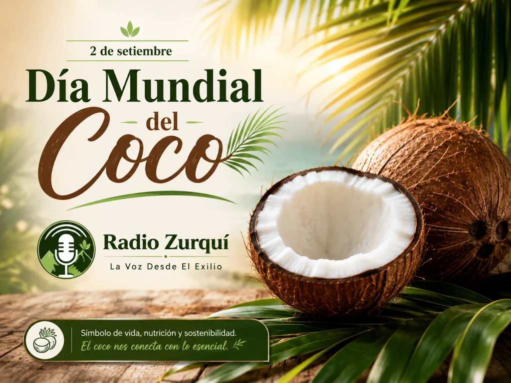 Día Mundial del Coco celebrado el 2 de setiembre con cocos y palmeras tropicales