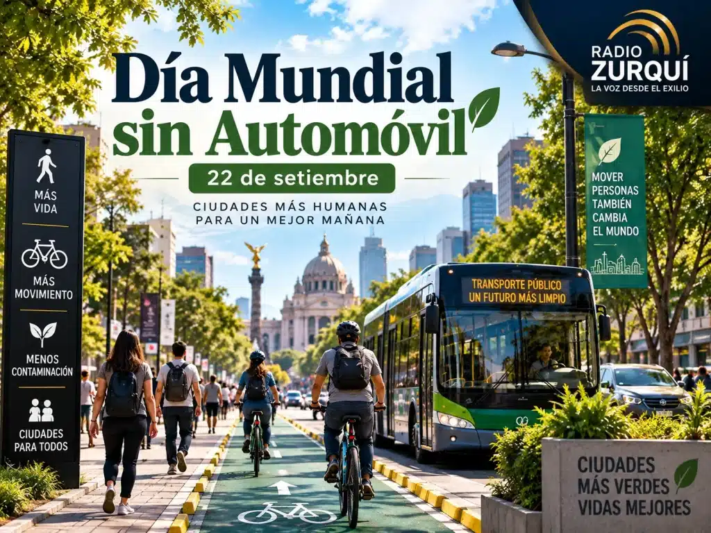 Día Mundial sin Automóvil 22 de setiembre con ciclistas, peatones y transporte público