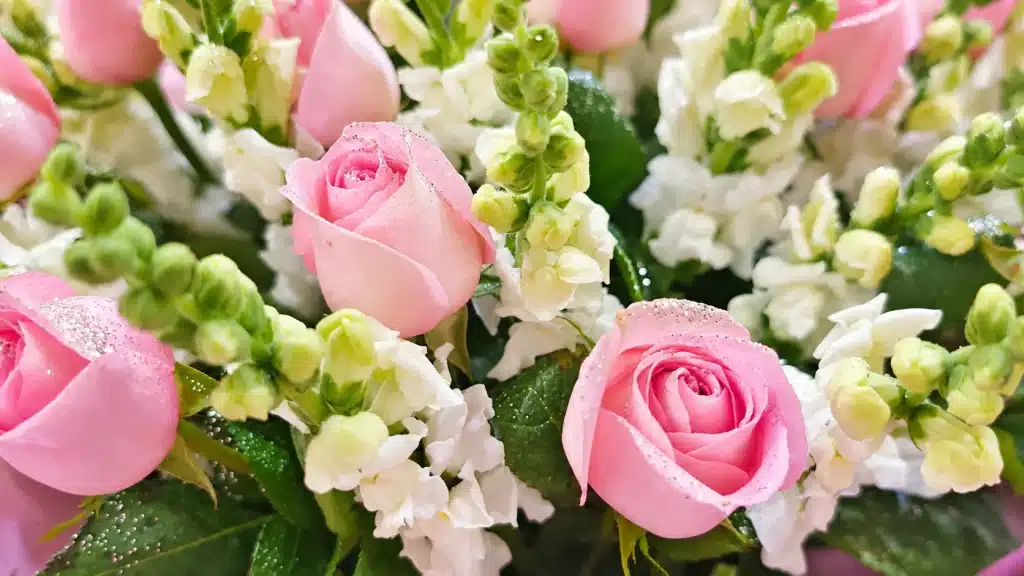 Rosas rosadas y flores de doña Liliana en el Mercado de Jamaica de Ciudad de México