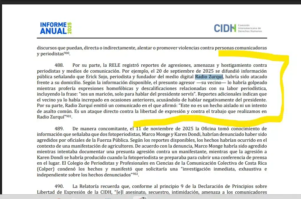Informe 2025 de la CIDH documenta el ataque contra Erick Sojo y Radio Zurquí en el contexto de hostilidad hacia la prensa en Costa Rica