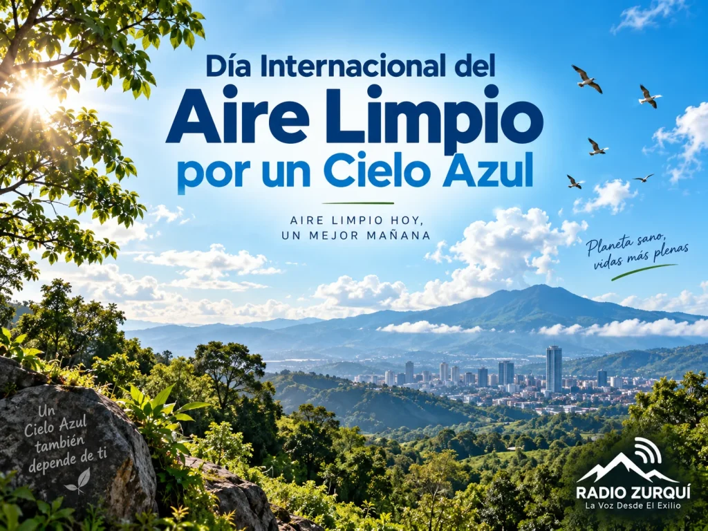 Día Internacional del Aire Limpio por un Cielo Azul, con paisaje natural, cielo despejado y ciudad al fondo