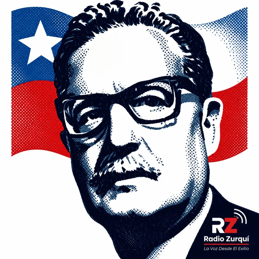 Retrato ilustrado de Salvador Allende con la bandera de Chile y el logo de Radio Zurquí