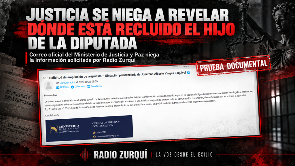 Respuesta oficial del Ministerio de Justicia que niega revelar la ubicación penitenciaria del hijo de diputada Ana Ruth Esquivel.