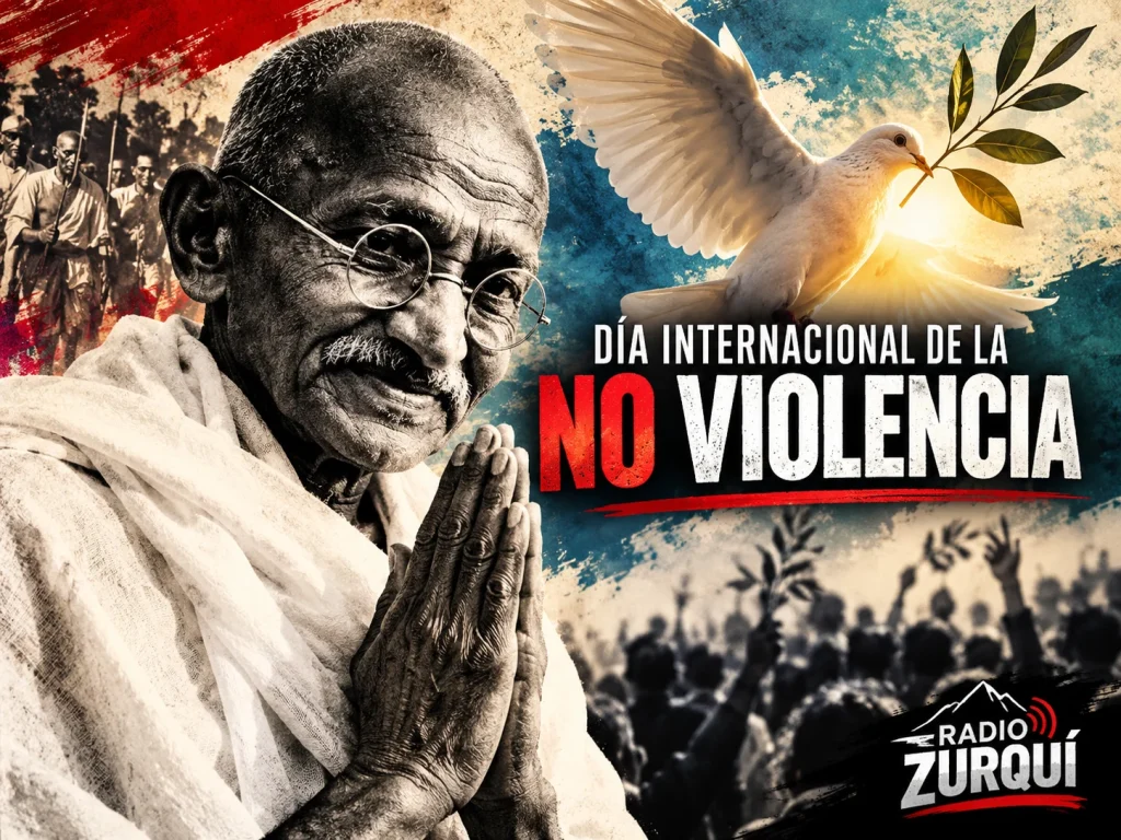 Día Internacional de la No Violencia con Mahatma Gandhi y símbolo de la paz